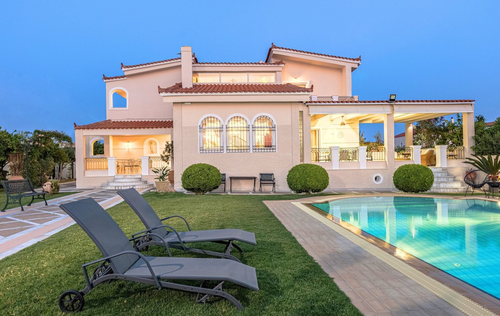 Renko Royal Villa luxury architecture exterior at night, Athens Riviera