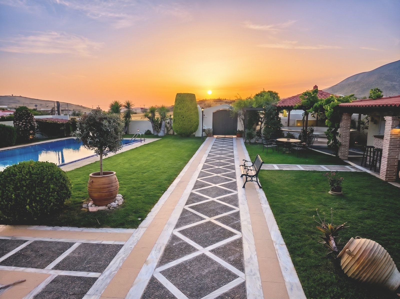 Private garden colorful sunset