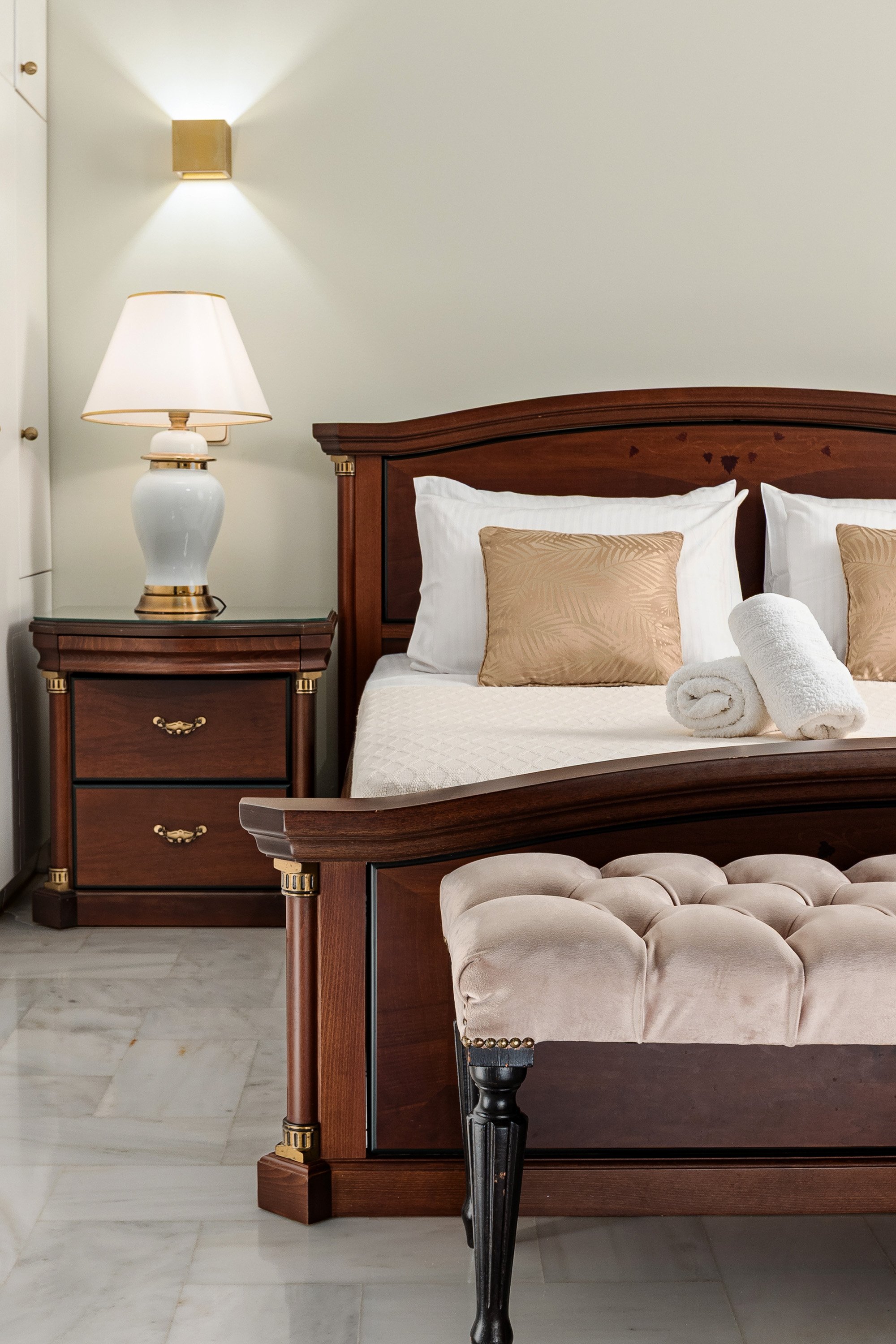 Refined luxury bedroom details inside Renko Royal Villa, Athens